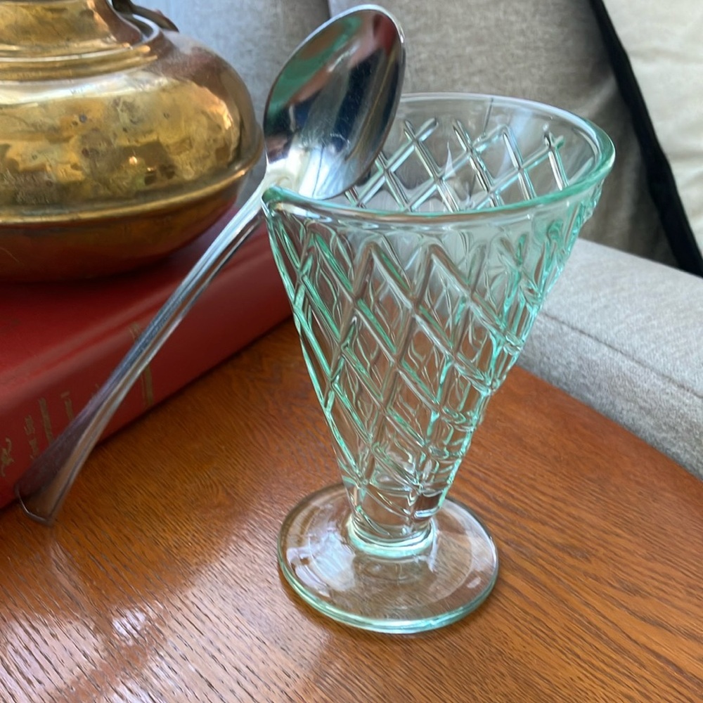 Vintage AMICI HOME Green Glass Waffle Texture  Footed   Sundae Cup & Spoon